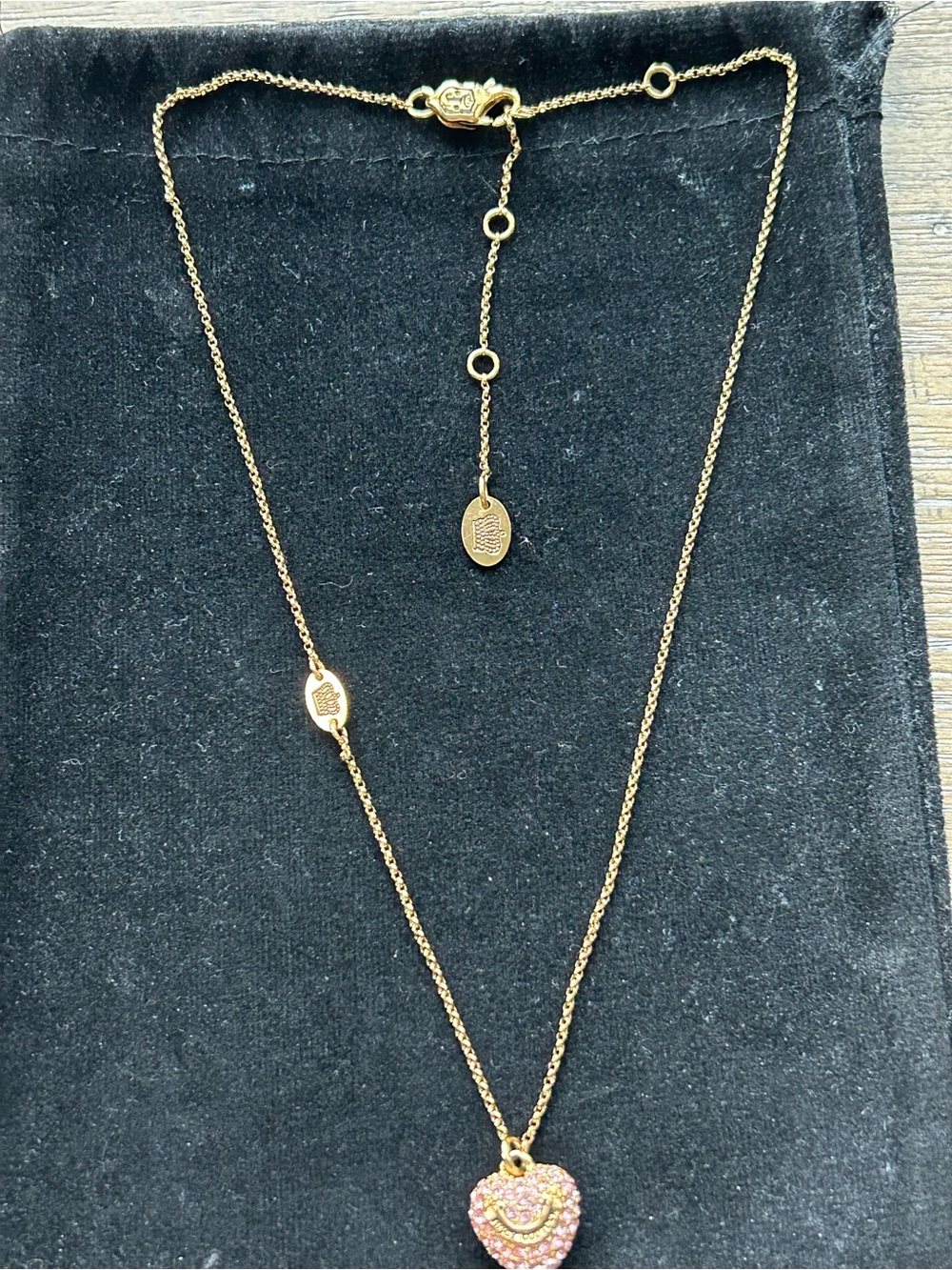 Juicy Couture Gold Tone Necklace with Pink Crystal Heart Pendant